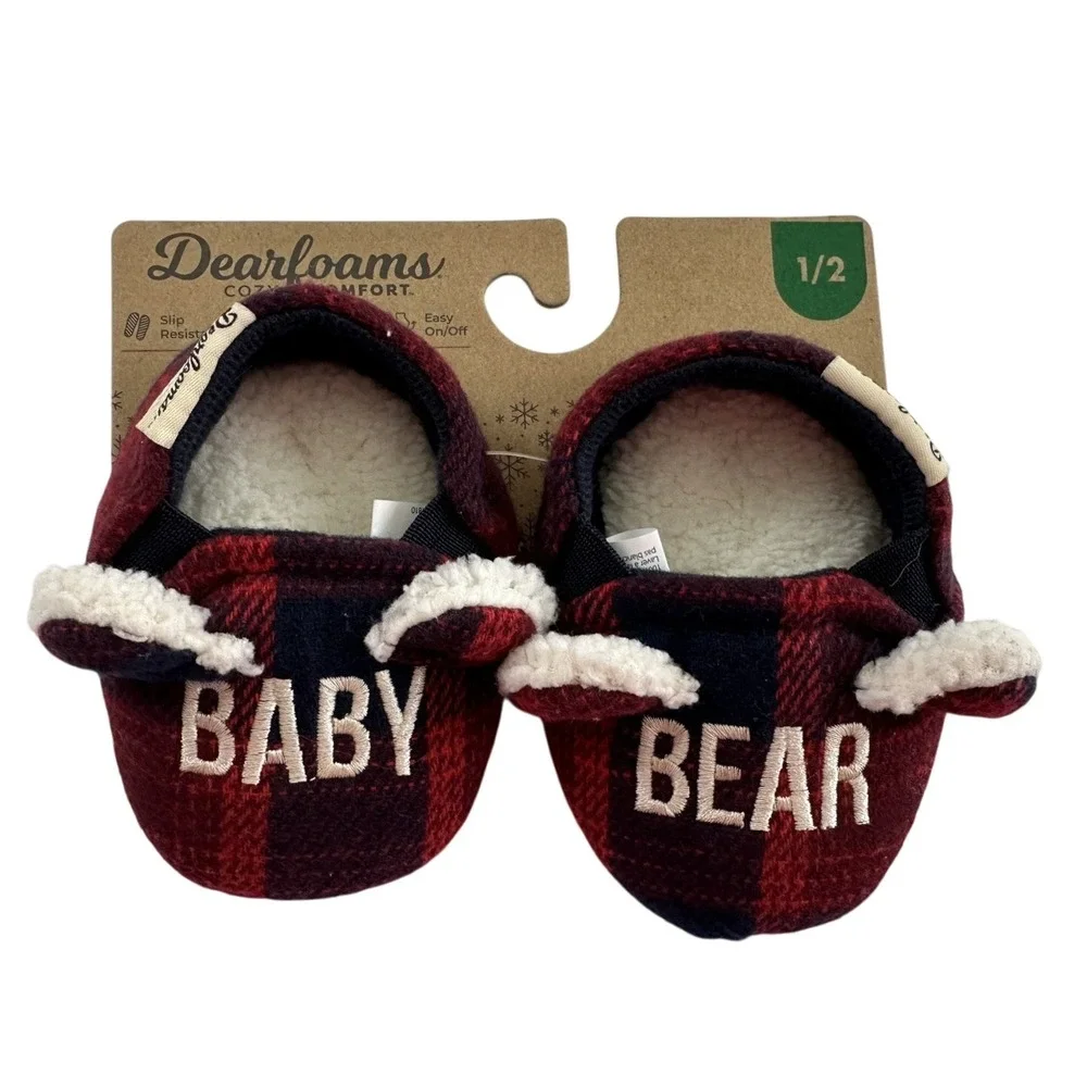 Brand New  Dearfoams Baby Infant BEAR MEMORY FOAM PLAID SLIPPERS Size‎ 1/2